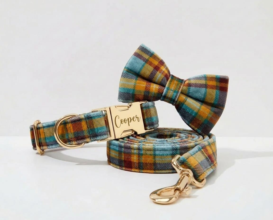 D&D Paws Collar + Leash + Bowtie / XS Autumn Blue Plaid Set