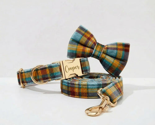 D&D Paws Collar + Leash + Bowtie / XS Autumn Blue Plaid Set