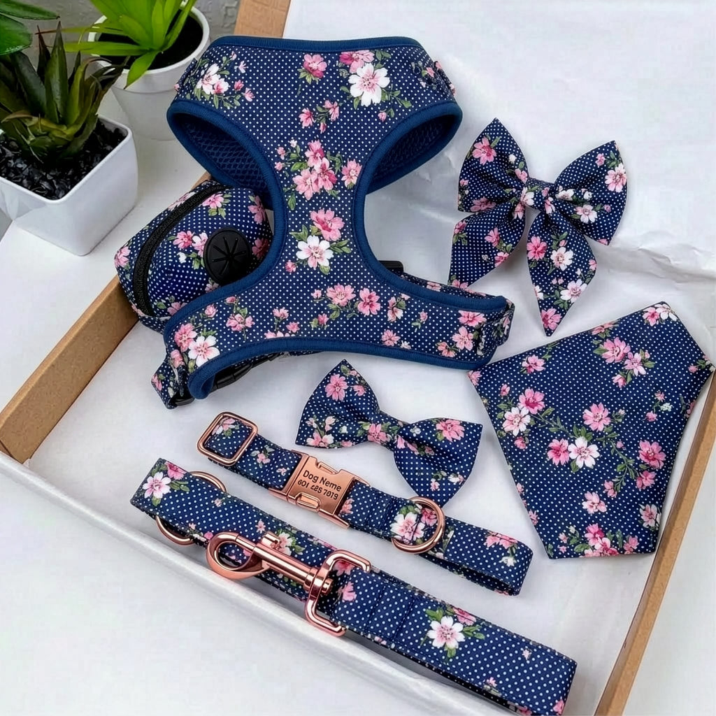 D&D Paws Designed Navy Floral Dog Vest Set