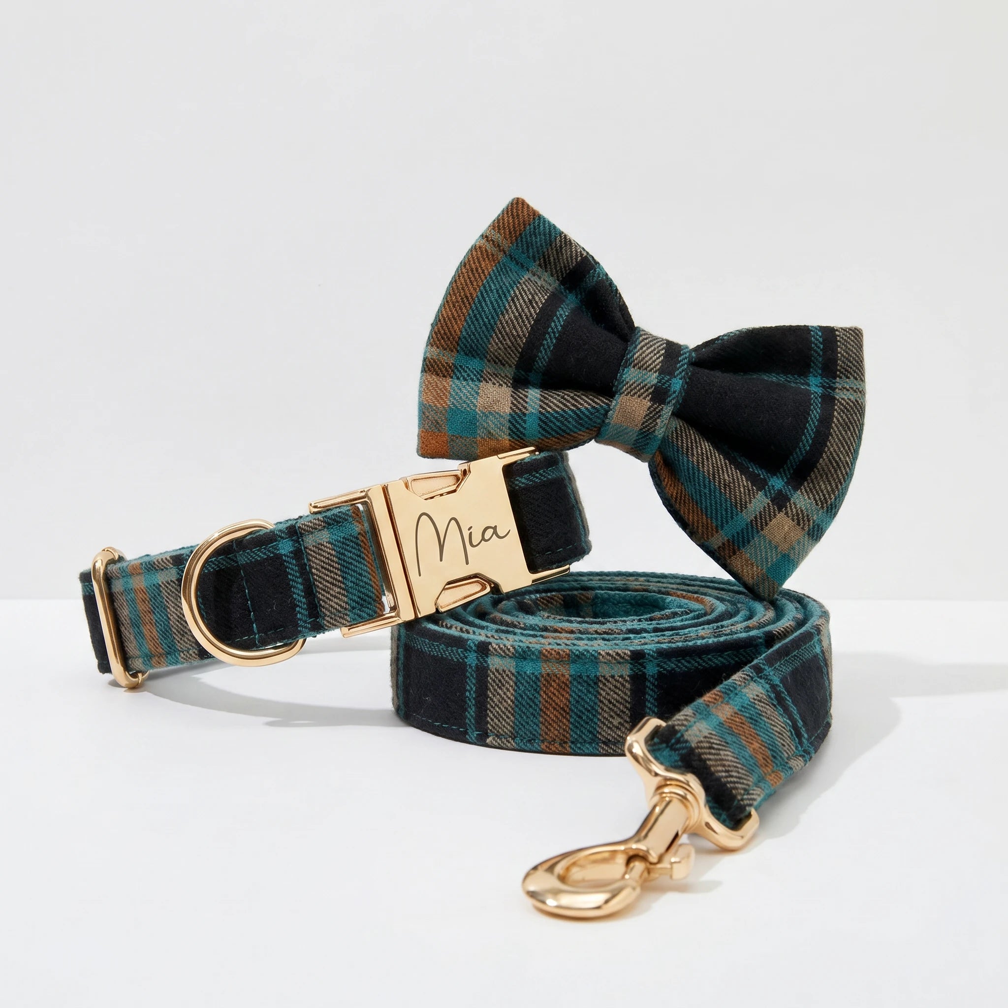Plaid Emerald Fog Collar Leash Set