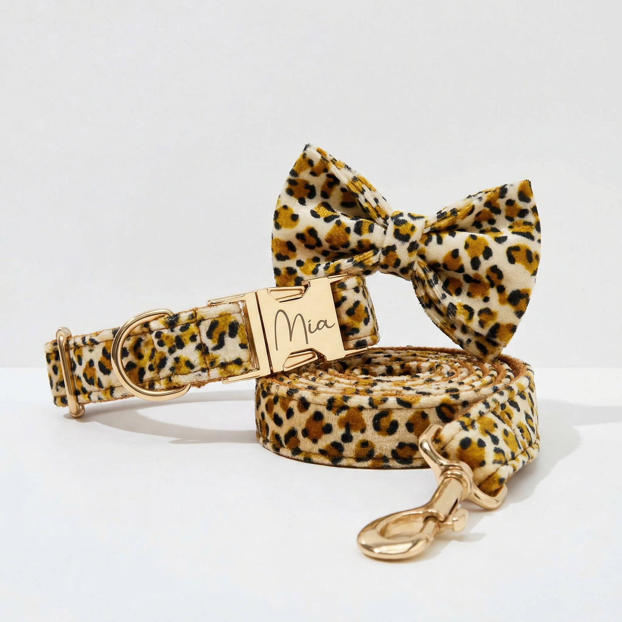D&D Paws Collar + Leash + Bowtie / XS Velvet Leopard Set