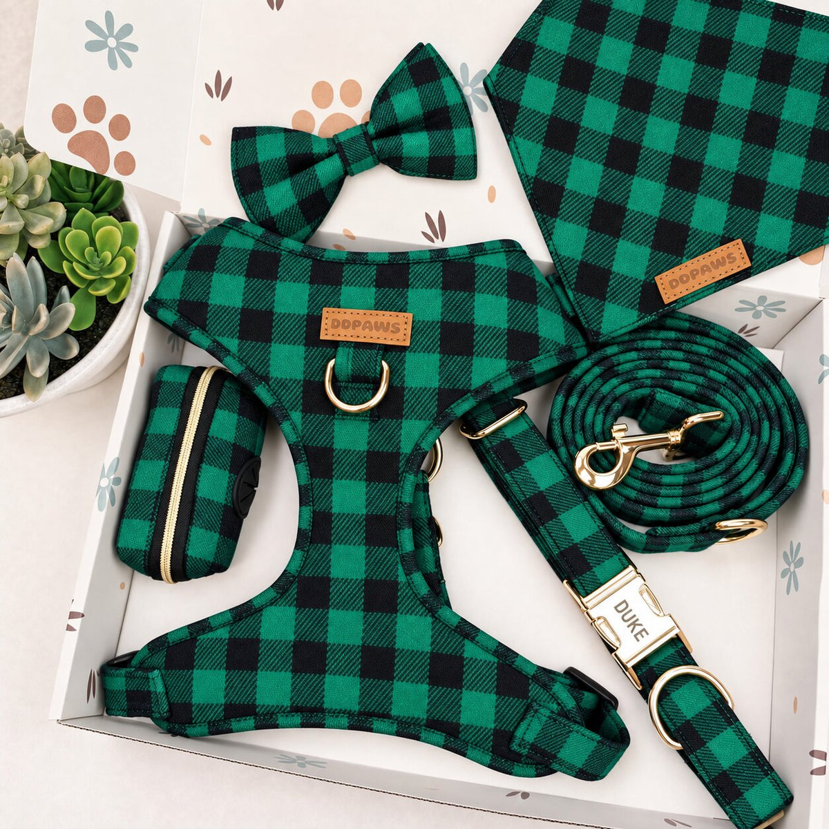 Designed Green Buffalo Plaid Dog Harness Set