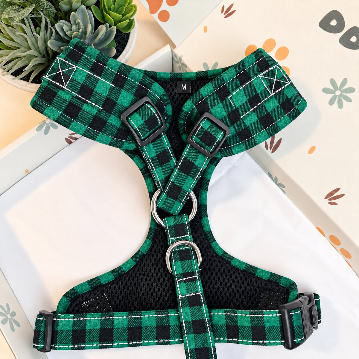 Designed Green Buffalo Plaid Dog Harness Set