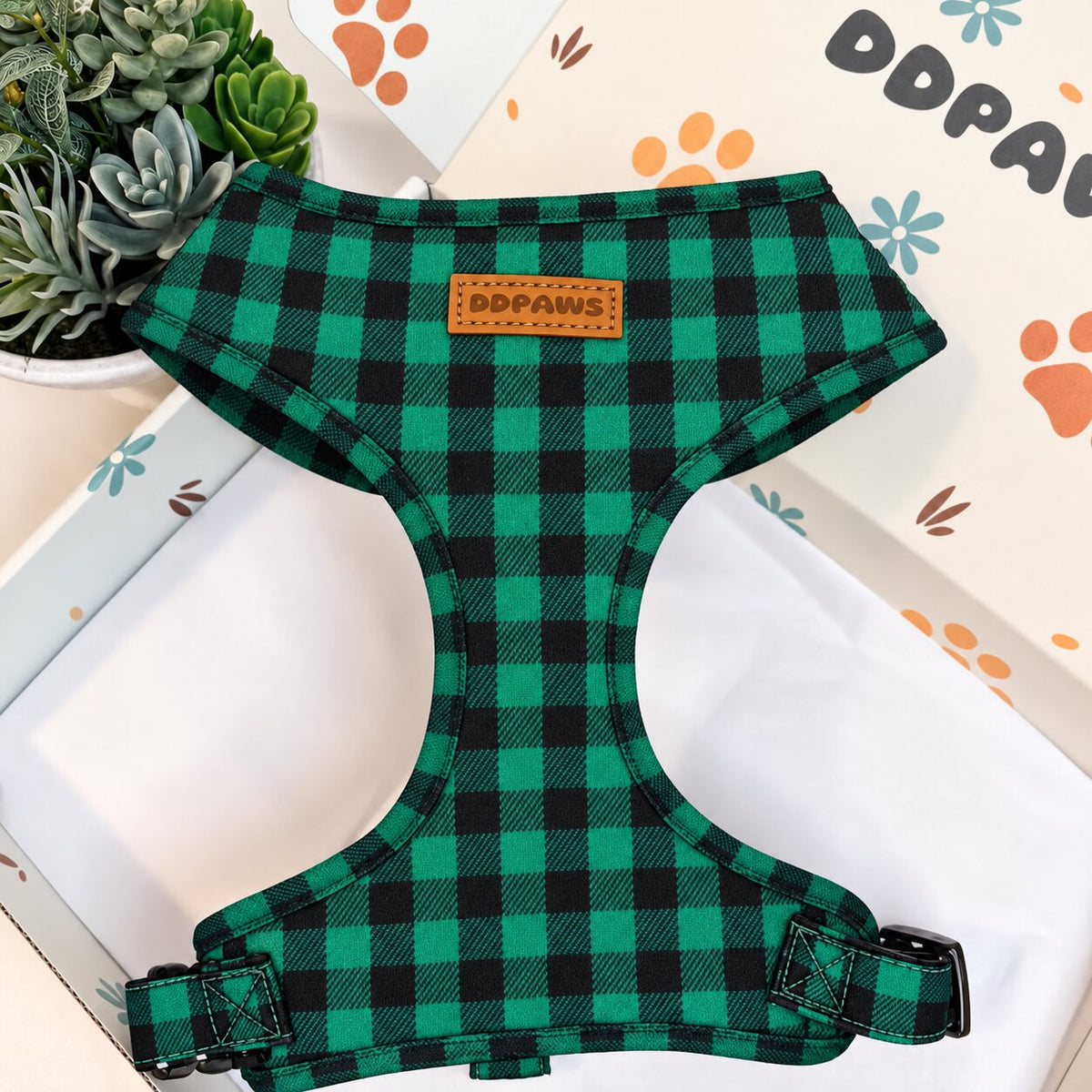 Designed Green Buffalo Plaid Dog Harness Set