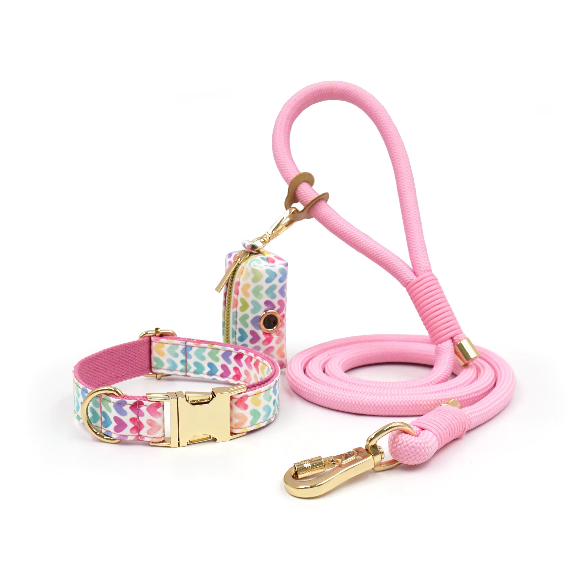 Personalized Floral Dog Walking Set – Custom Dog Collar Leash & Poop Bag Holder, Engraved Name Pet Gift