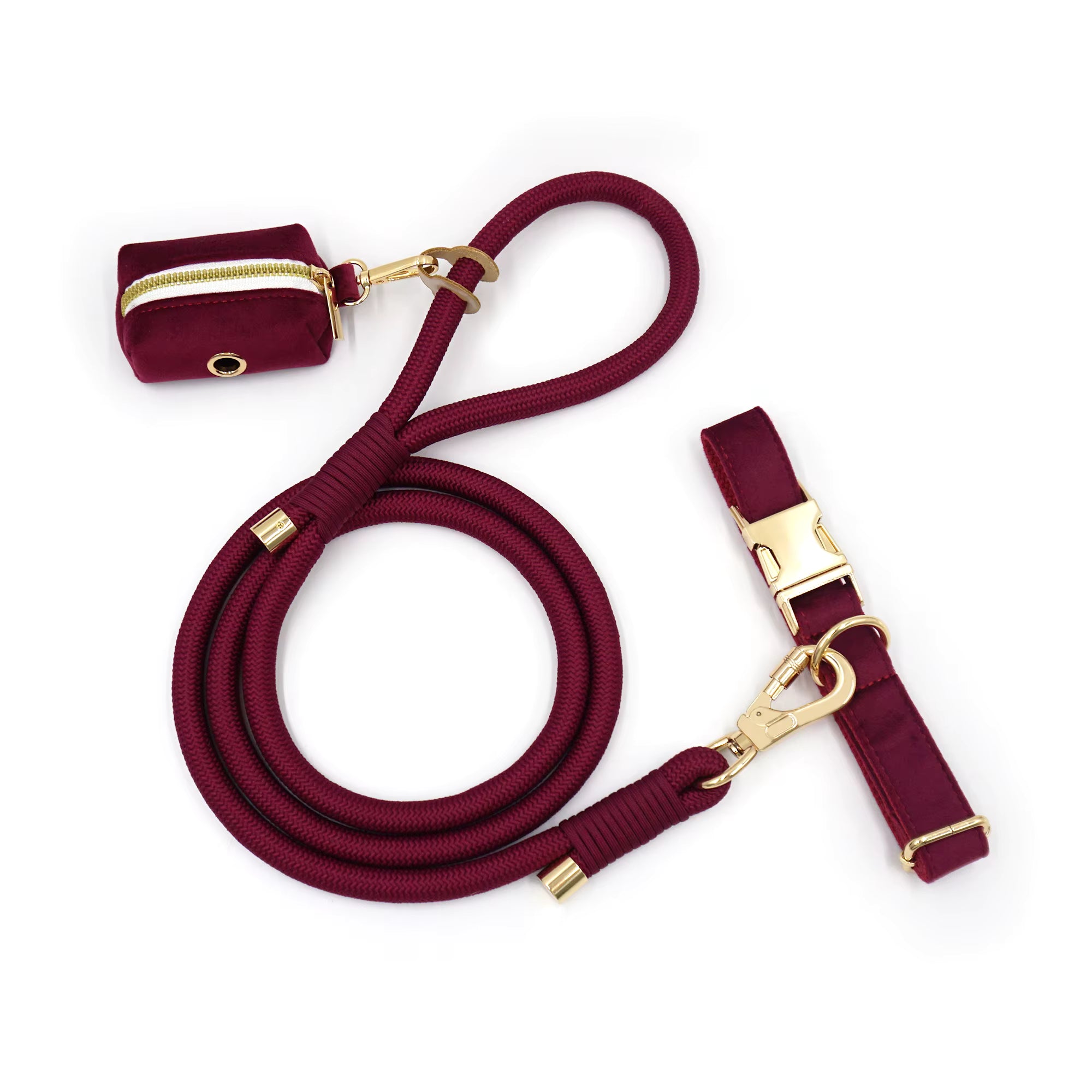 Personalized Velvet Dog Walking Set – Custom Dog Collar Leash & Poop Bag Holder, Engraved Name Pet Gift