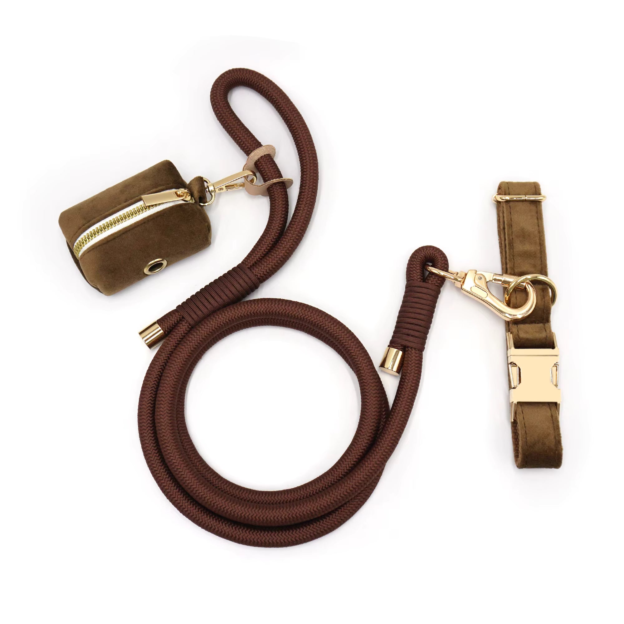 Personalized Velvet Dog Walking Set – Custom Dog Collar Leash & Poop Bag Holder, Engraved Name Pet Gift