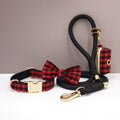 Personalized Plaid Dog Walking Set – Custom Dog Collar Leash Bowtie & Poop Bag Holder, Engraved Name Pet Gift