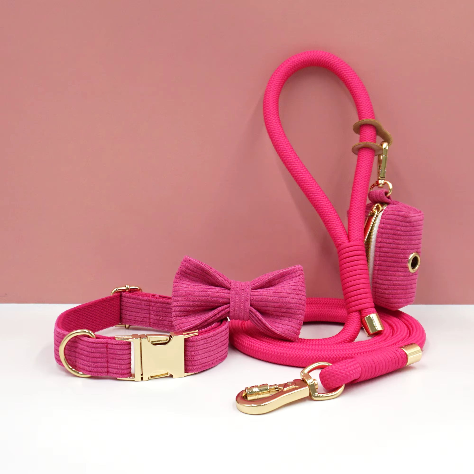 Personalized Corduroy Dog Walking Set – Custom Dog Collar Bowtie Leash & Poop Bag Holder, Engraved Name Pet Gift