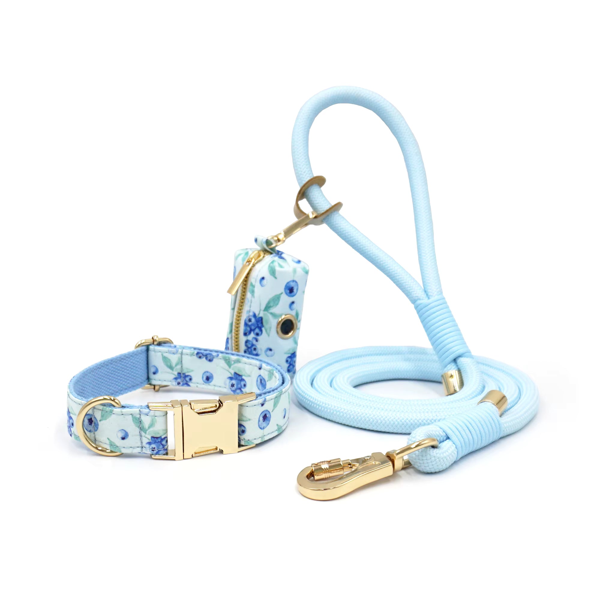 Personalized Floral Dog Walking Set – Custom Dog Collar Leash & Poop Bag Holder, Engraved Name Pet Gift