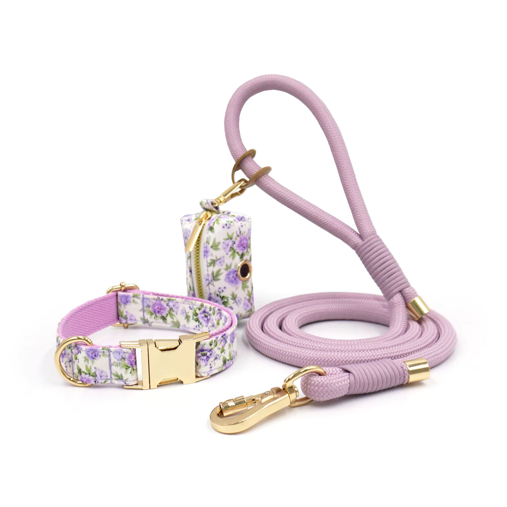 Personalized Floral Dog Walking Set – Custom Dog Collar Leash & Poop Bag Holder, Engraved Name Pet Gift