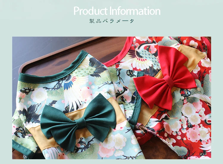 Japanese Kimono Pet Outfit – Cherry Blossom Crane Print Cosplay Coat for Dogs & Cats