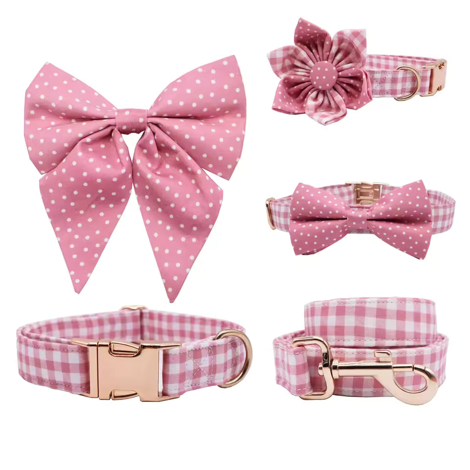 Pink Polka Dot Floral Dog Collar and Leash Set
