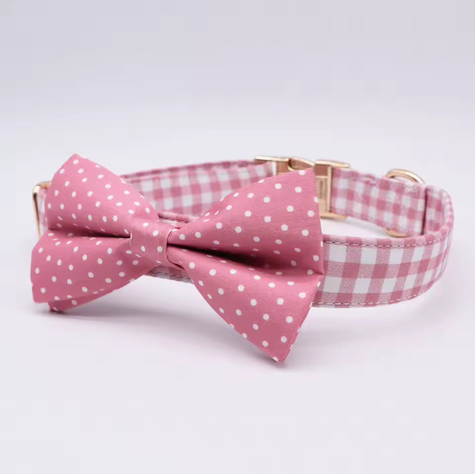 Pink Polka Dot Floral Dog Collar and Leash Set