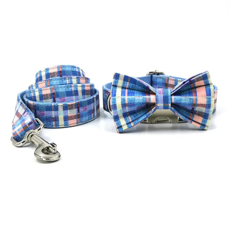 DDPaws  Collar + Leash + Bowtie / XS Blue Plaid Set