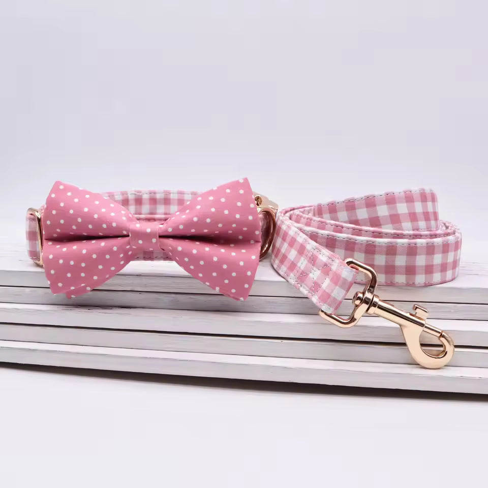 Pink Polka Dot Floral Dog Collar and Leash Set