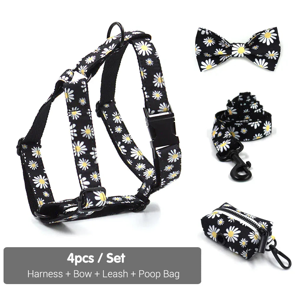 DDPaws  Harness + Leash + Bowtie + Poop Bag / XS Little Daisy Floral Pattern Set
