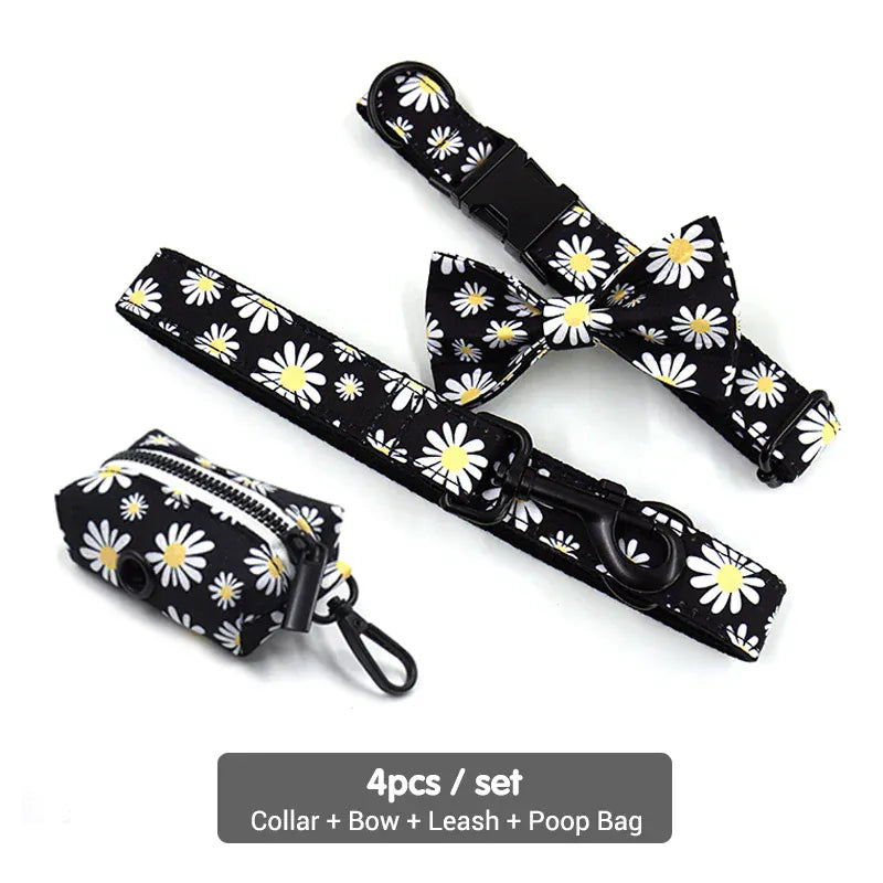 DDPaws  Collar + Leash + Bowtie + Poop Bag / XS Little Daisy Floral Pattern Set
