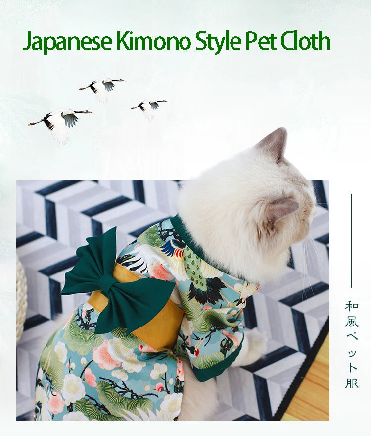Japanese Kimono Pet Outfit – Cherry Blossom Crane Print Cosplay Coat for Dogs & Cats