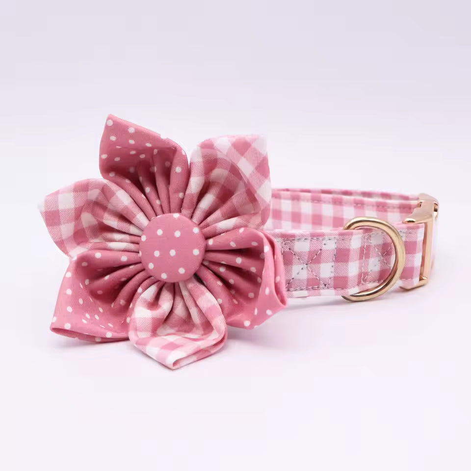Pink Polka Dot Floral Dog Collar and Leash Set