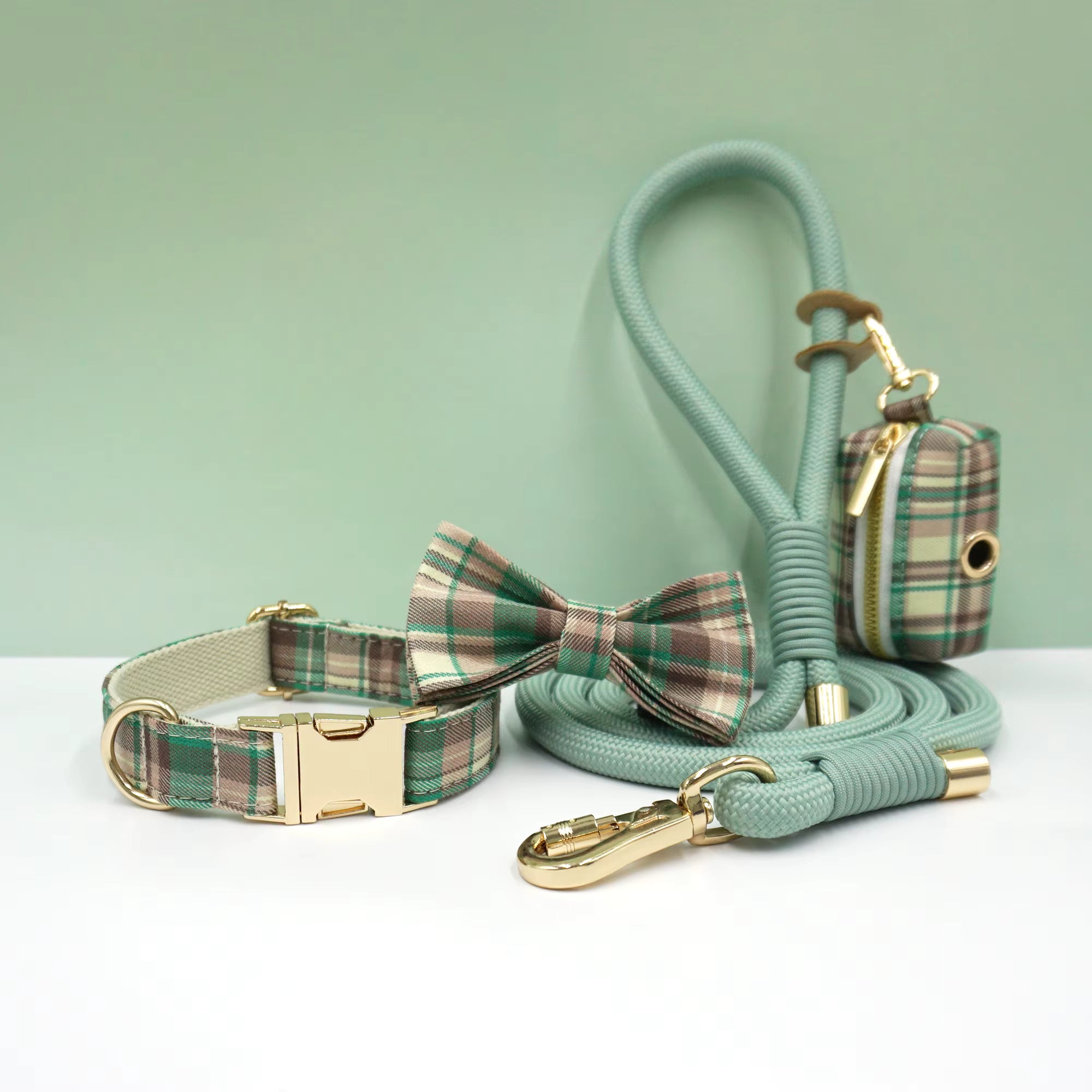 Personalized Plaid Dog Walking Set – Custom Dog Collar Leash Bowtie & Poop Bag Holder, Engraved Name Pet Gift
