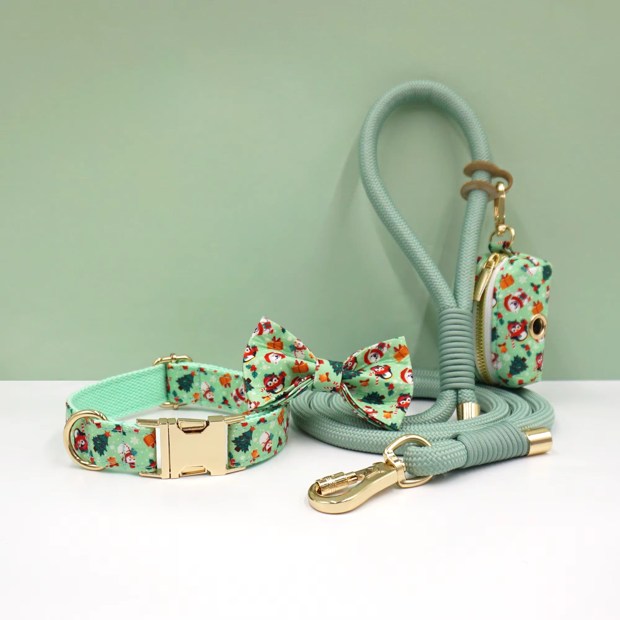 Personalized Holiday Dog Walking Set – Custom Dog Collar Bowtie Leash & Poop Bag Holder, Engraved Name Pet Gift