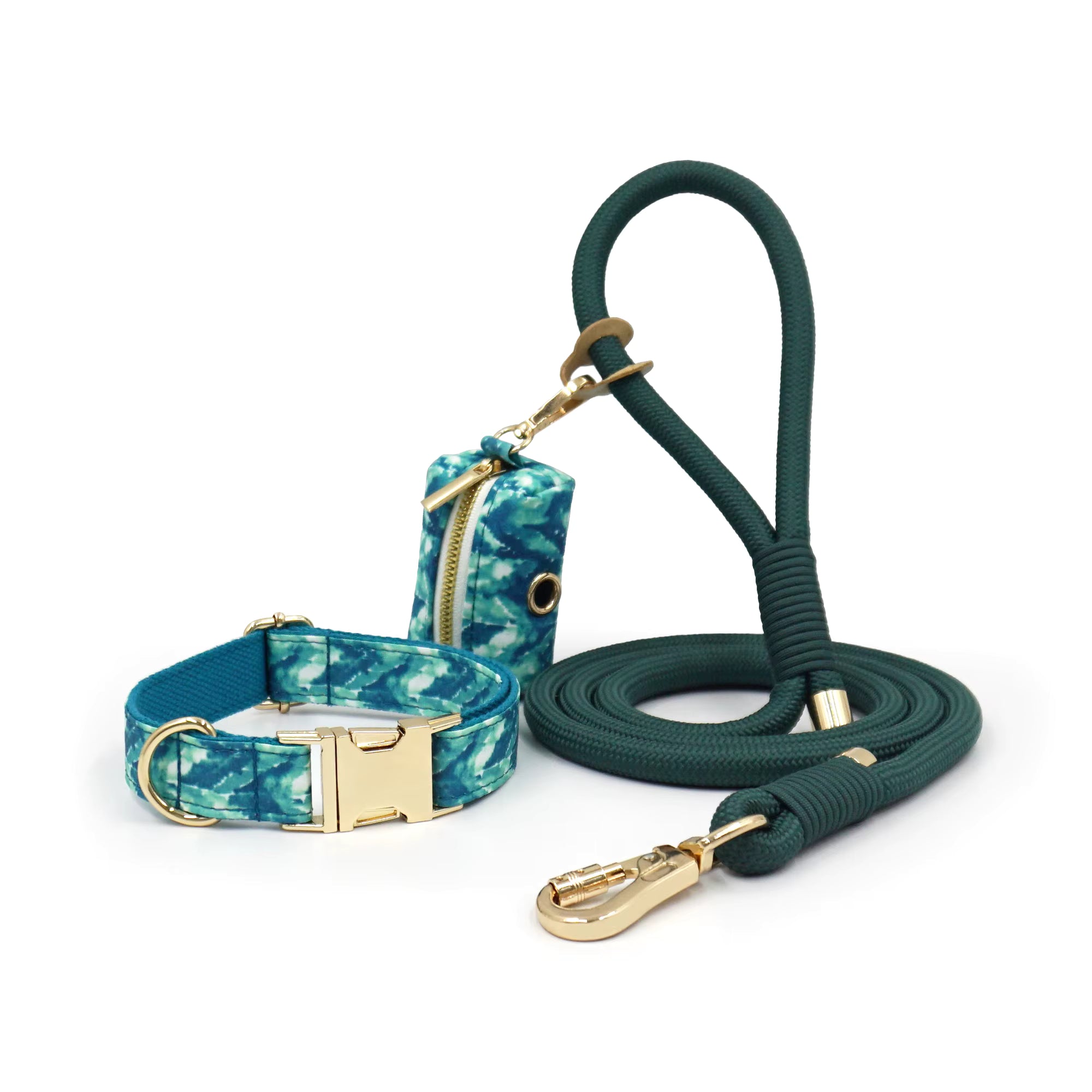 Personalized Floral Dog Walking Set – Custom Dog Collar Leash & Poop Bag Holder, Engraved Name Pet Gift