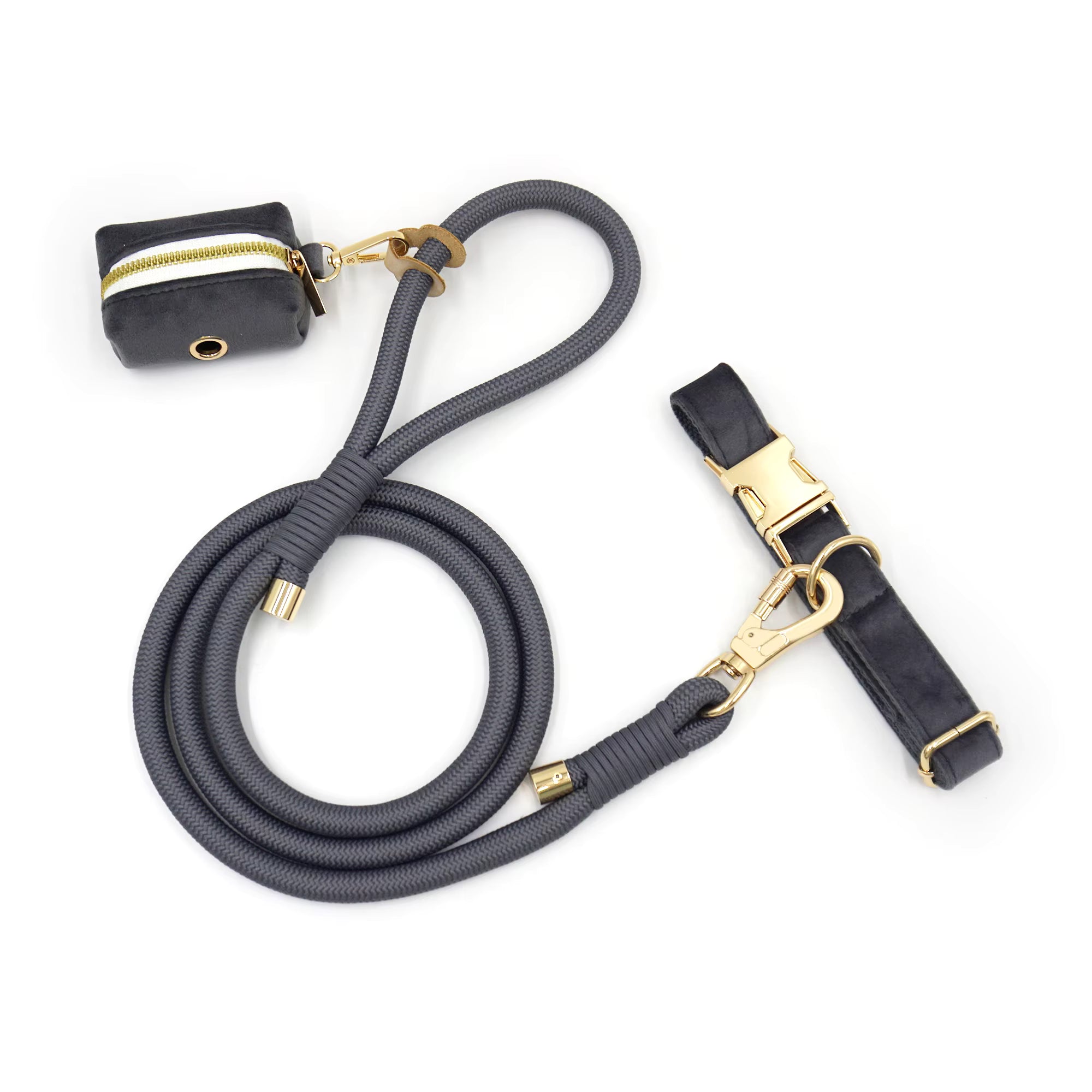 Personalized Velvet Dog Walking Set – Custom Dog Collar Leash & Poop Bag Holder, Engraved Name Pet Gift