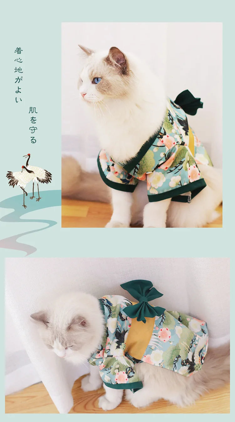 Japanese Kimono Pet Outfit – Cherry Blossom Crane Print Cosplay Coat for Dogs & Cats
