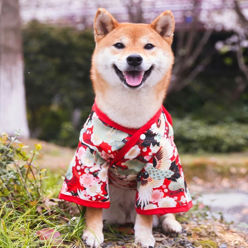 Japanese Kimono Pet Outfit – Cherry Blossom Crane Print Cosplay Coat for Dogs & Cats
