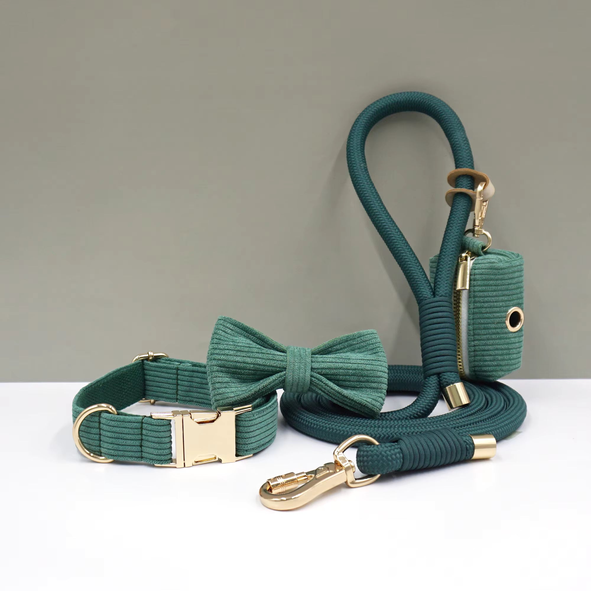Personalized Corduroy Dog Walking Set – Custom Dog Collar Bowtie Leash & Poop Bag Holder, Engraved Name Pet Gift