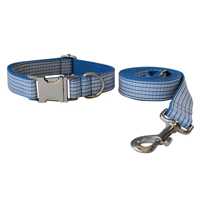 DDPaws  Collar + Leash / S Blue White Grid Set