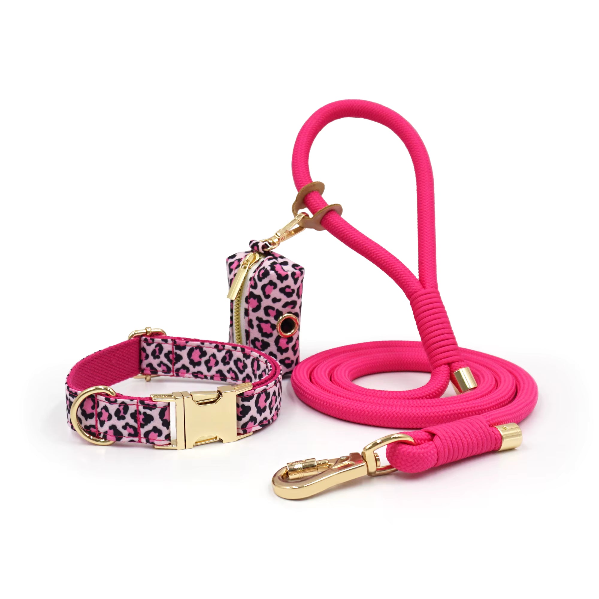 Personalized Floral Dog Walking Set – Custom Dog Collar Leash & Poop Bag Holder, Engraved Name Pet Gift