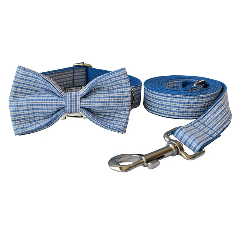 DDPaws  Collar + Leash + Bowtie / S Blue White Grid Set