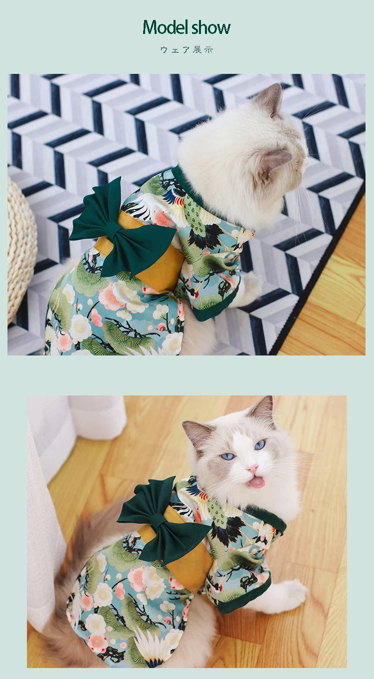Japanese Kimono Pet Outfit – Cherry Blossom Crane Print Cosplay Coat for Dogs & Cats
