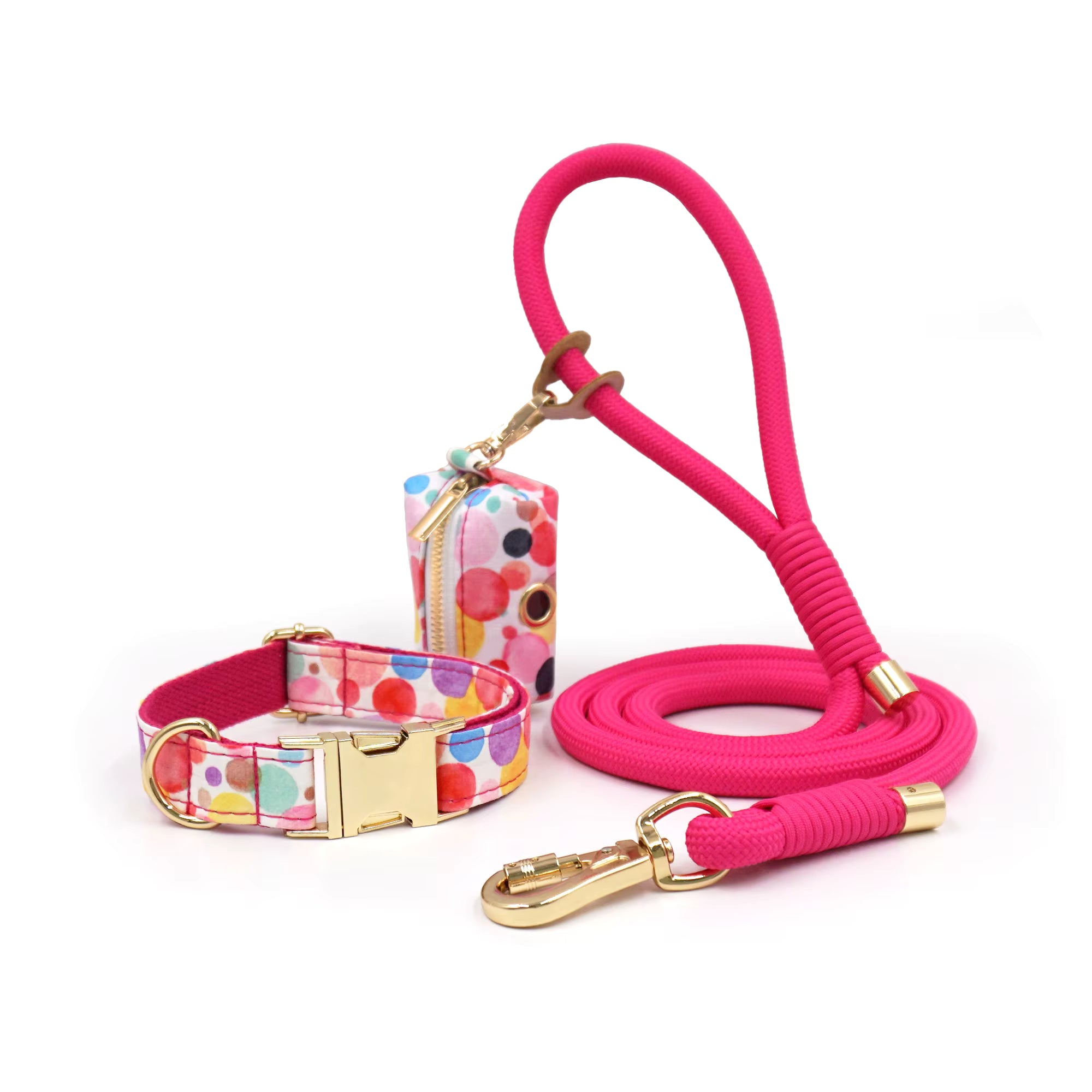 Personalized Floral Dog Walking Set – Custom Dog Collar Leash & Poop Bag Holder, Engraved Name Pet Gift