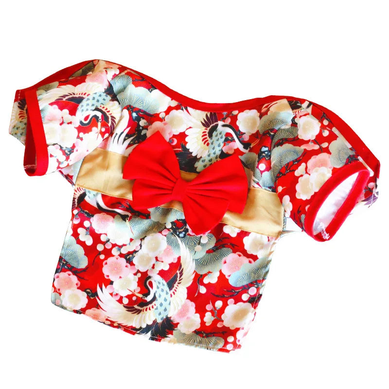 Japanese Kimono Pet Outfit – Cherry Blossom Crane Print Cosplay Coat for Dogs & Cats