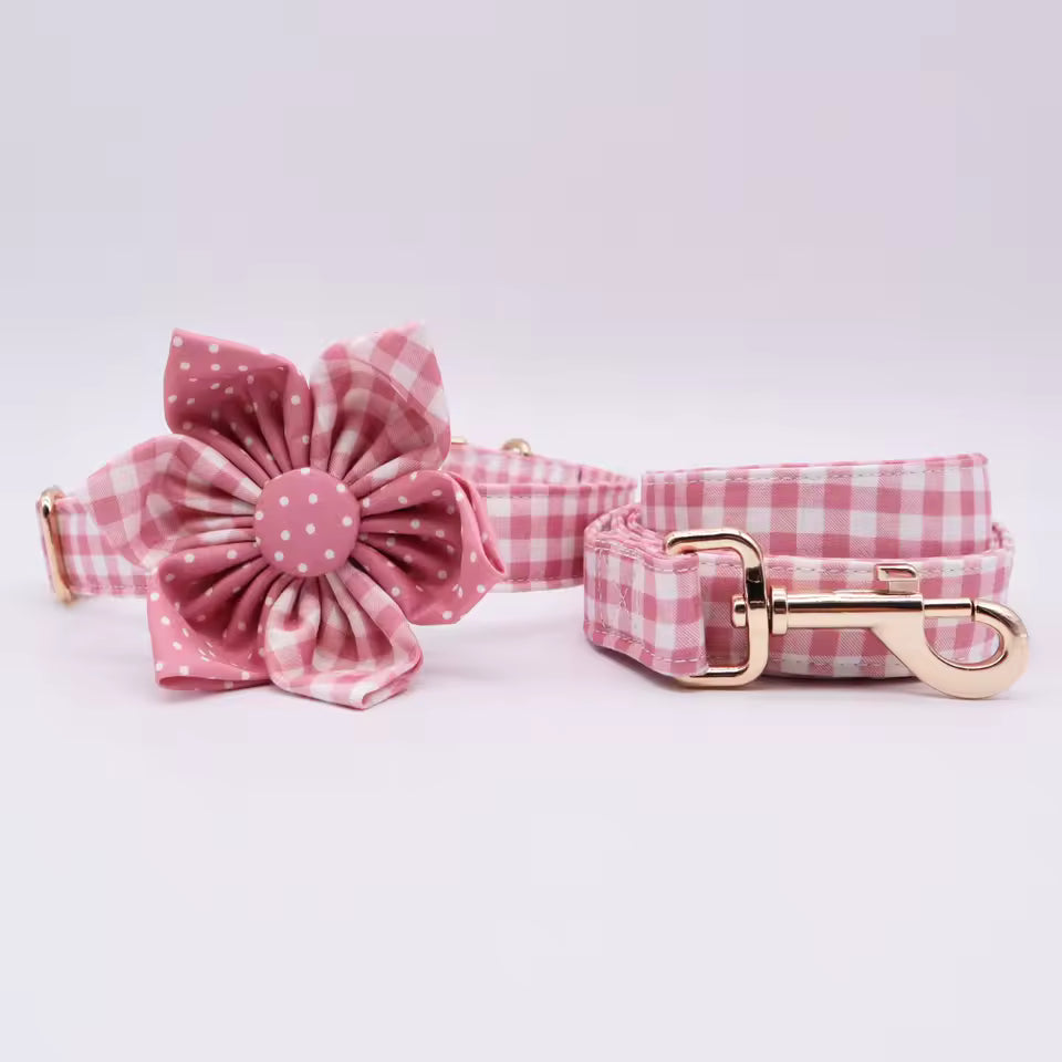 Pink Polka Dot Floral Dog Collar and Leash Set