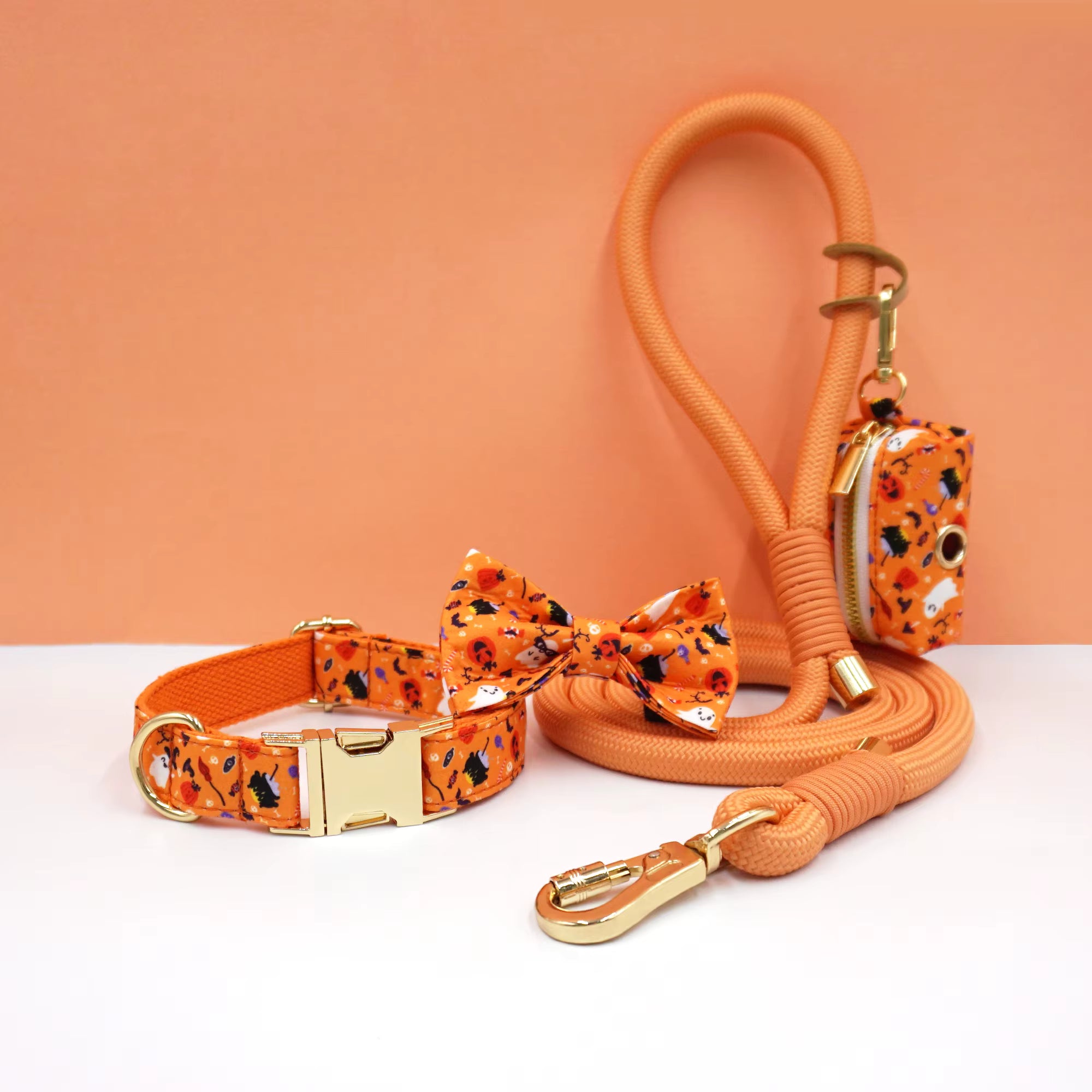 Personalized Holiday Dog Walking Set – Custom Dog Collar Bowtie Leash & Poop Bag Holder, Engraved Name Pet Gift