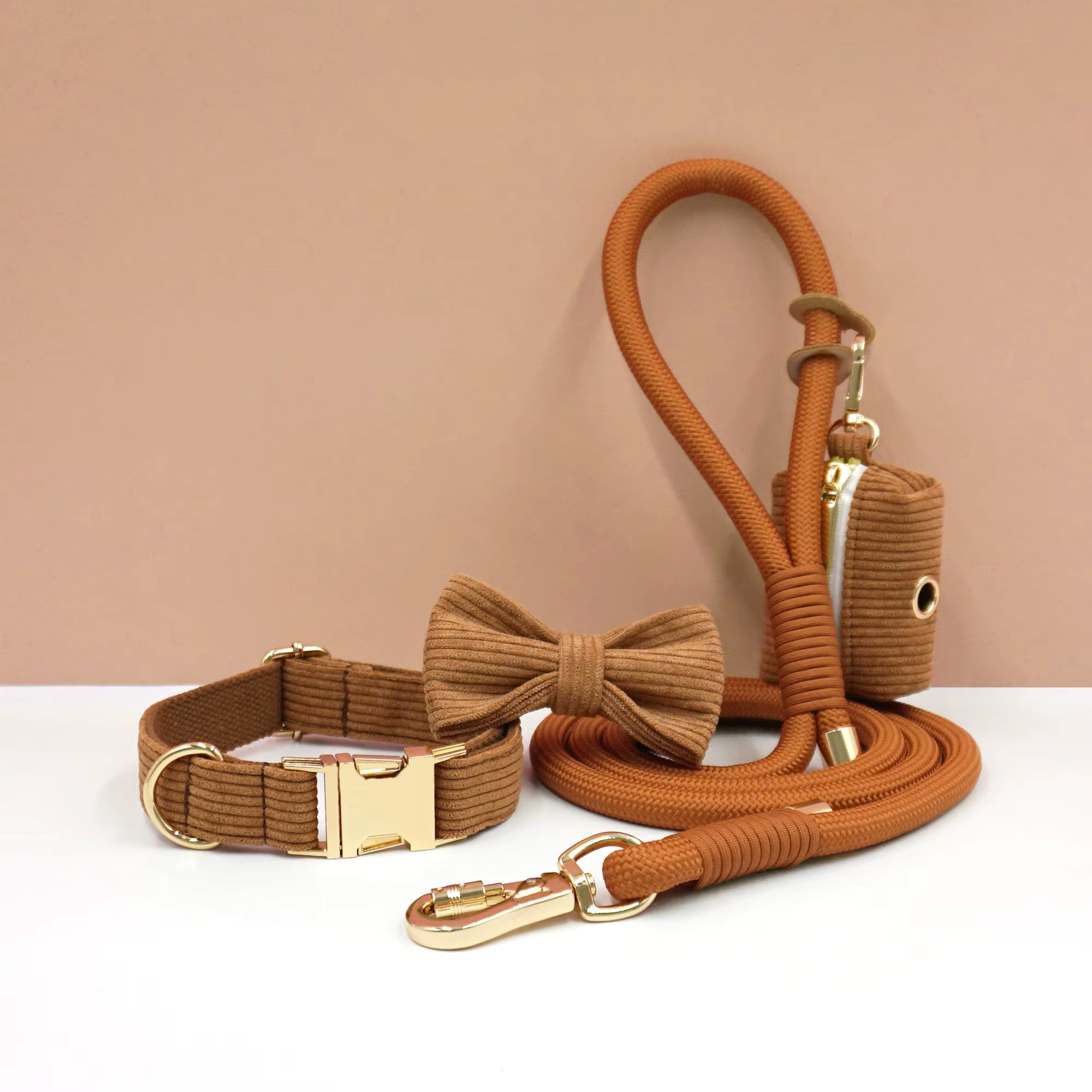 Personalized Corduroy Dog Walking Set – Custom Dog Collar Bowtie Leash & Poop Bag Holder, Engraved Name Pet Gift