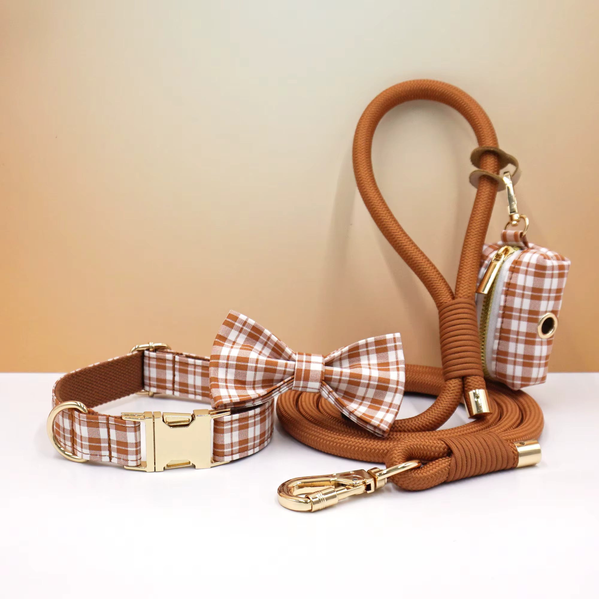 Personalized Plaid Dog Walking Set – Custom Dog Collar Leash Bowtie & Poop Bag Holder, Engraved Name Pet Gift