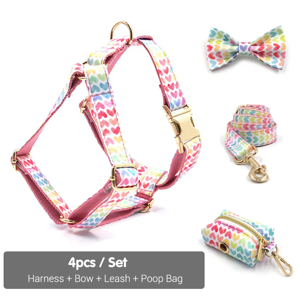 D&D Paws Harness + Leash + Bowtie + Poop Bag / XS Pink Hearts Print Set