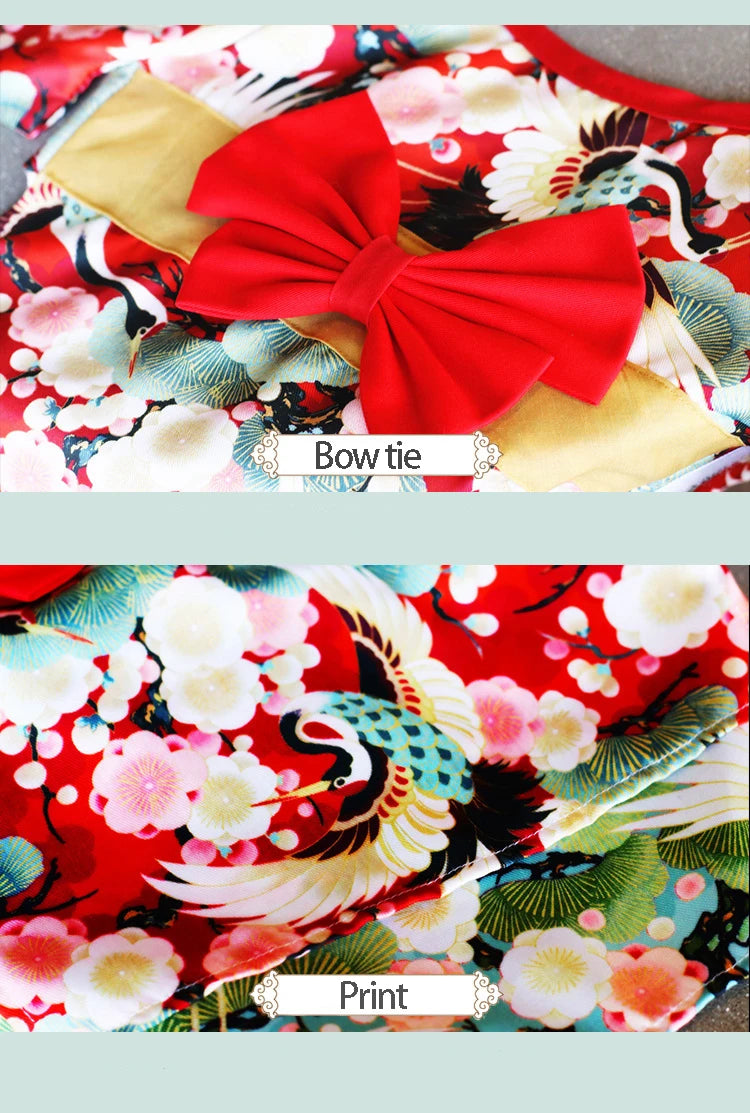 Japanese Kimono Pet Outfit – Cherry Blossom Crane Print Cosplay Coat for Dogs & Cats