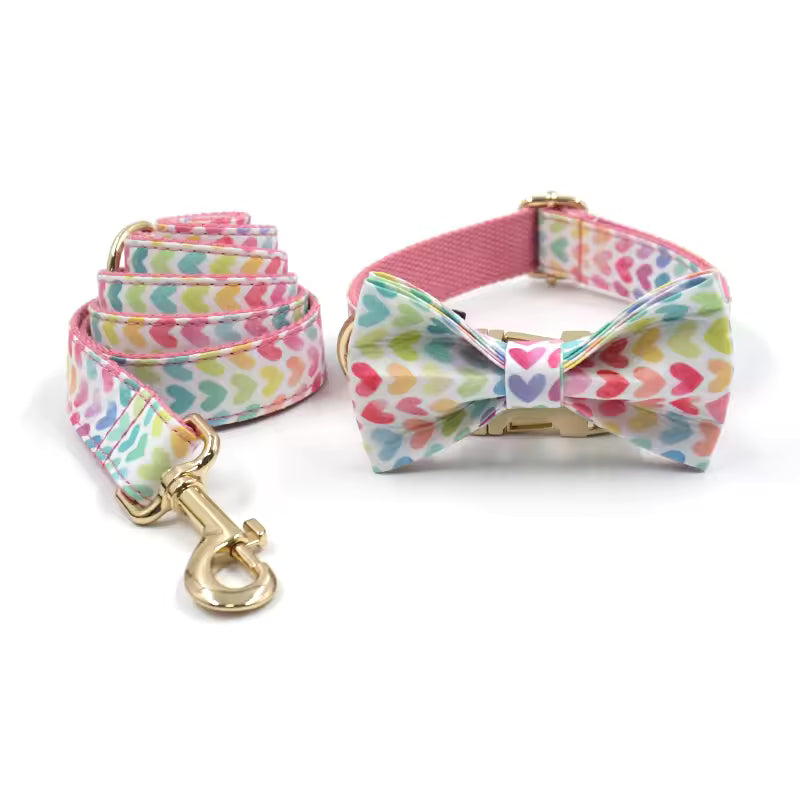 D&D Paws Collar + Leash + Bowtie / XS Pink Hearts Print Set