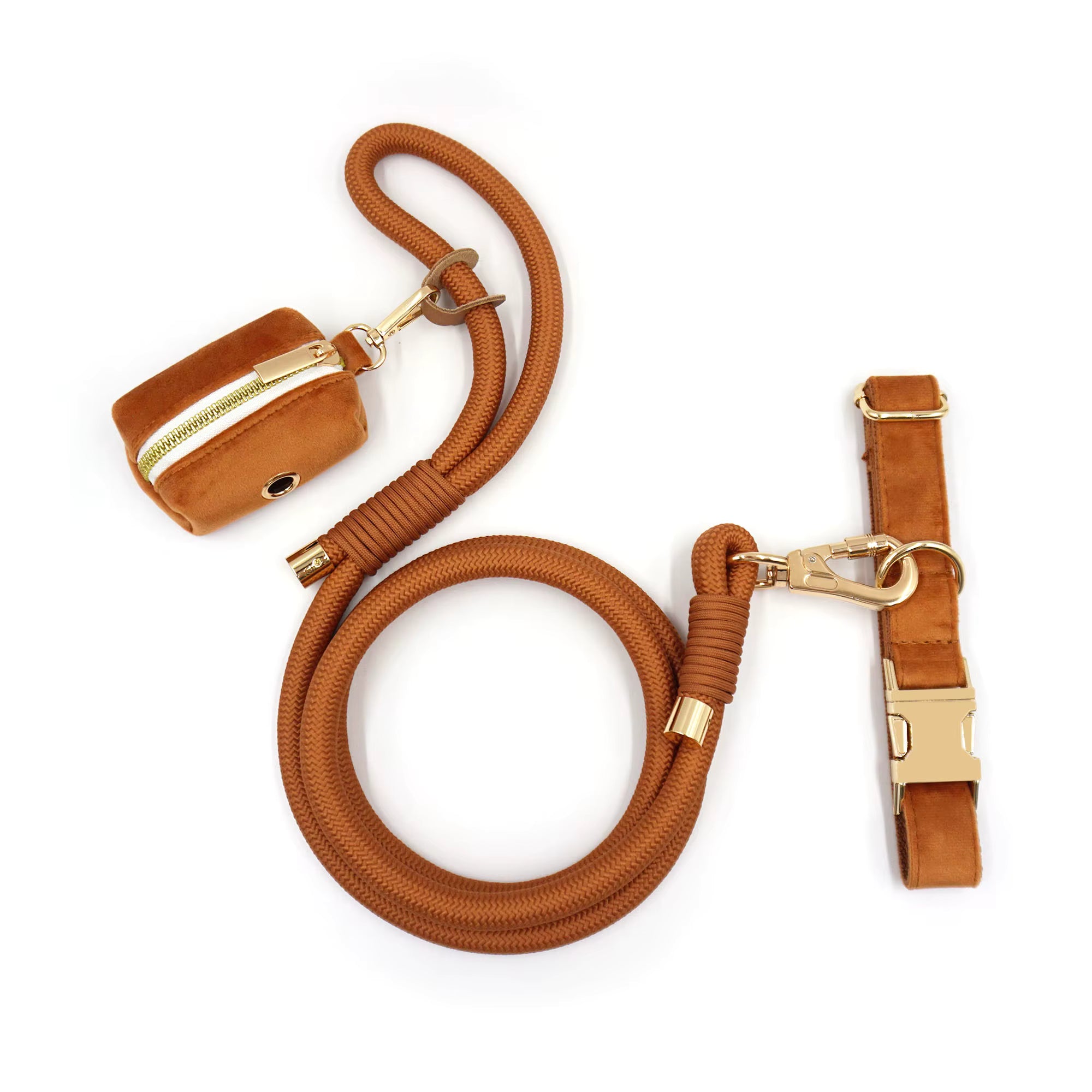 Personalized Velvet Dog Walking Set – Custom Dog Collar Leash & Poop Bag Holder, Engraved Name Pet Gift