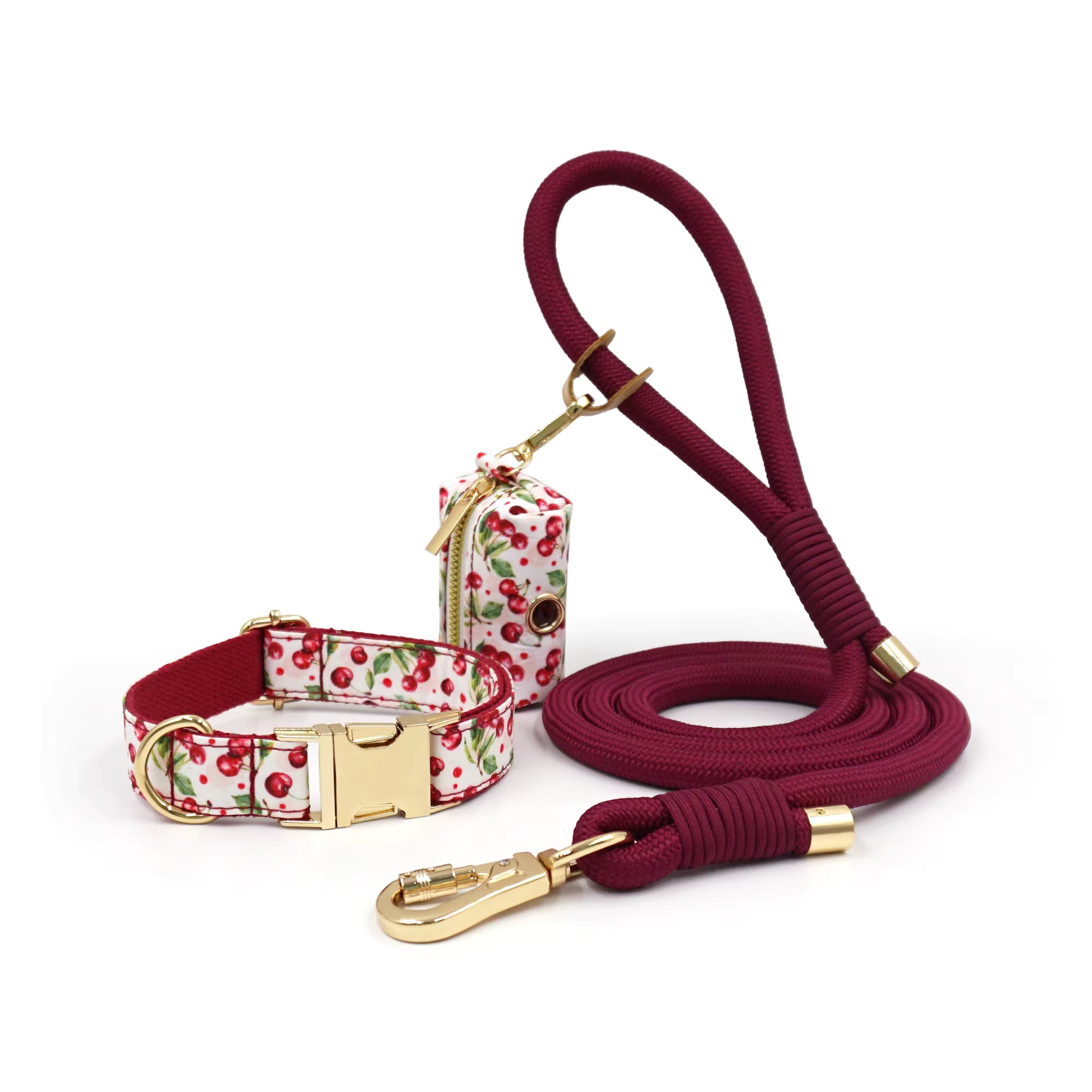 Personalized Floral Dog Walking Set – Custom Dog Collar Leash & Poop Bag Holder, Engraved Name Pet Gift