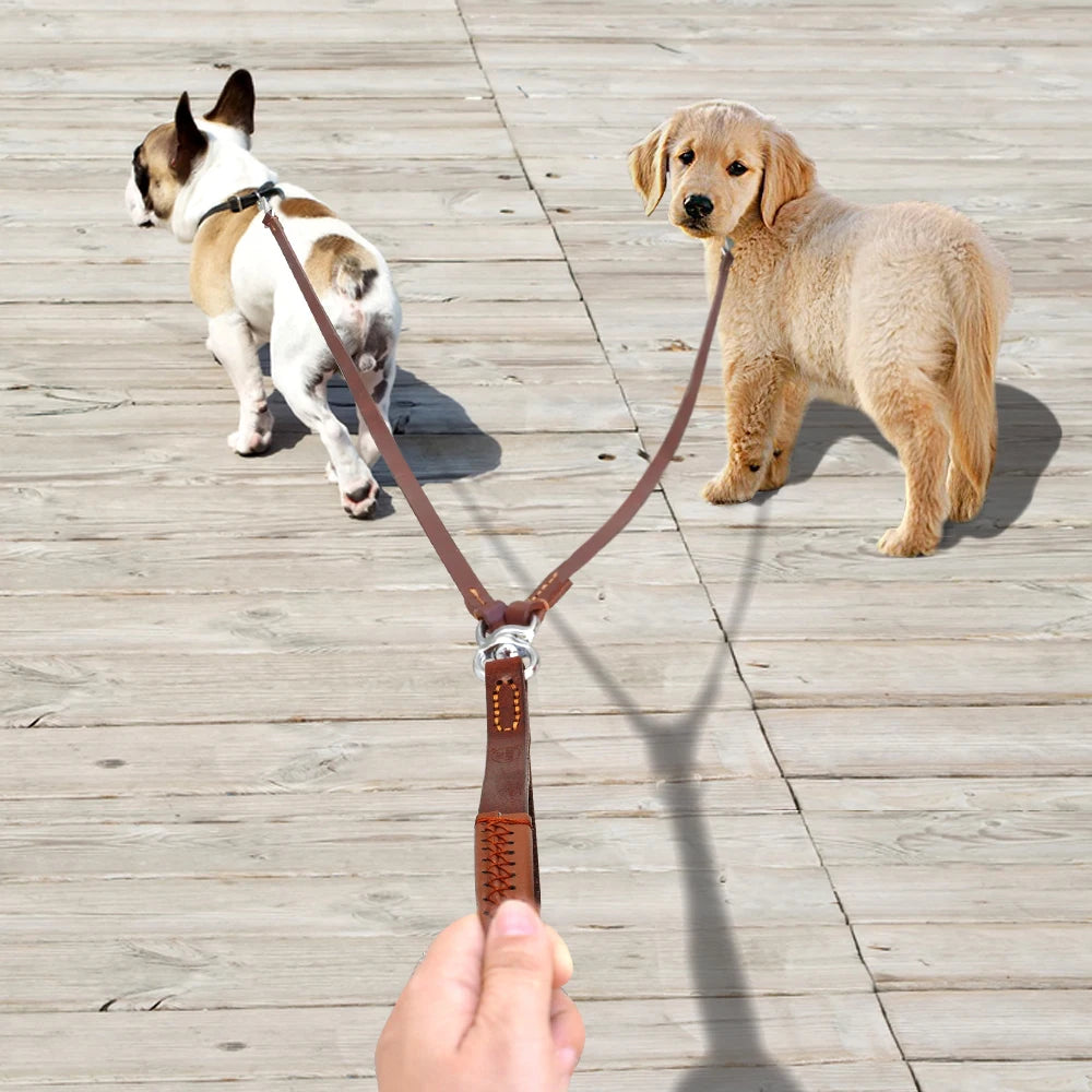 Double Dog Leather Leash – No-Tangle Coupler with Handle for Walking Two Dogs
