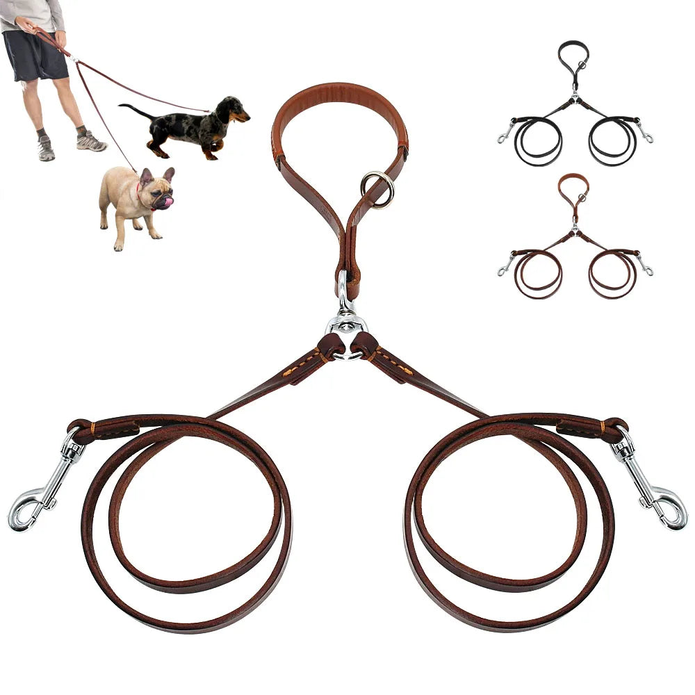 Double Dog Leather Leash – No-Tangle Coupler with Handle for Walking Two Dogs