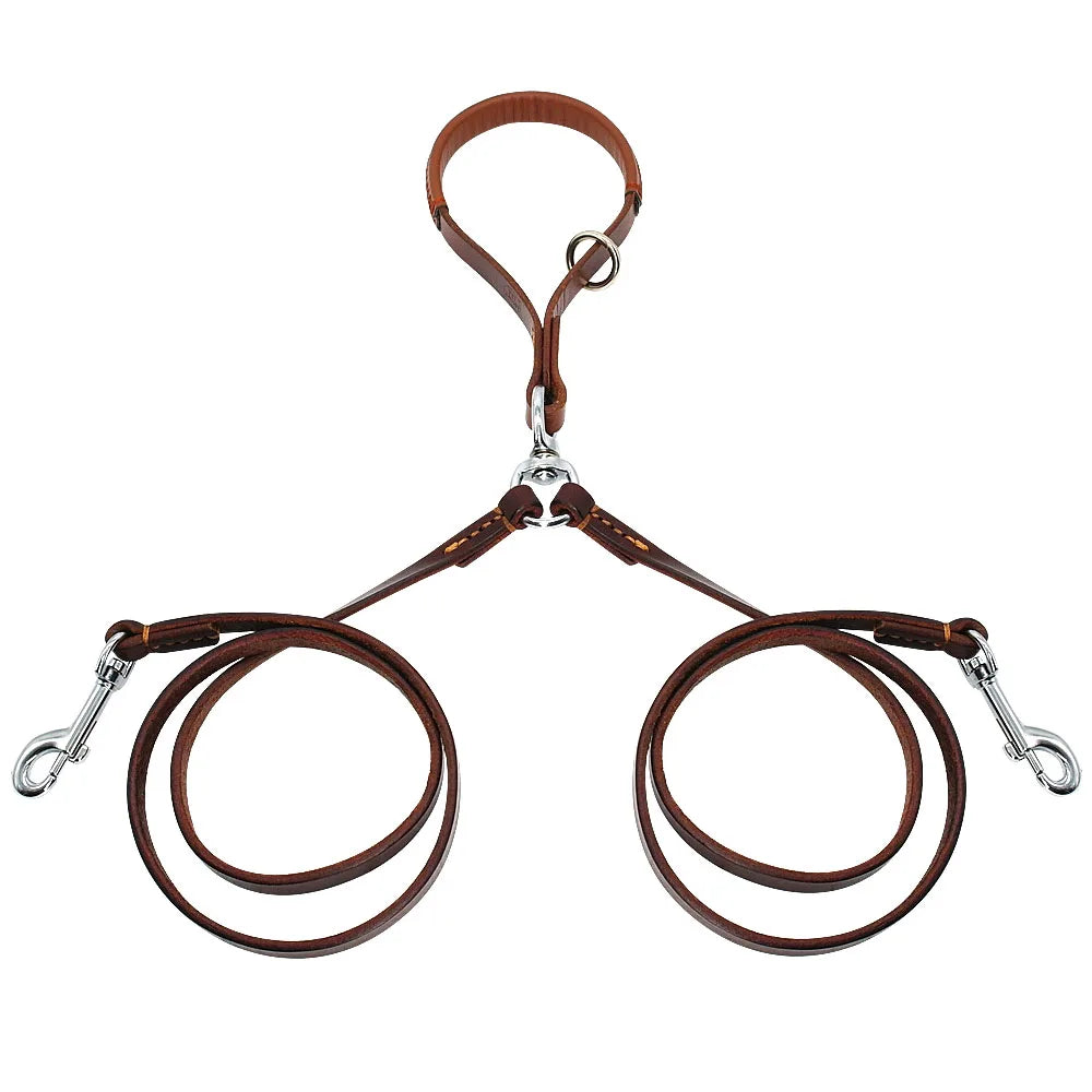 Double Dog Leather Leash – No-Tangle Coupler with Handle for Walking Two Dogs