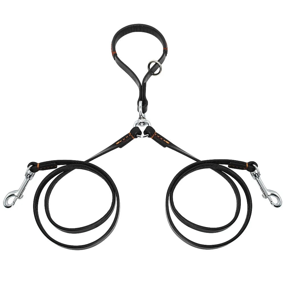 Double Dog Leather Leash – No-Tangle Coupler with Handle for Walking Two Dogs